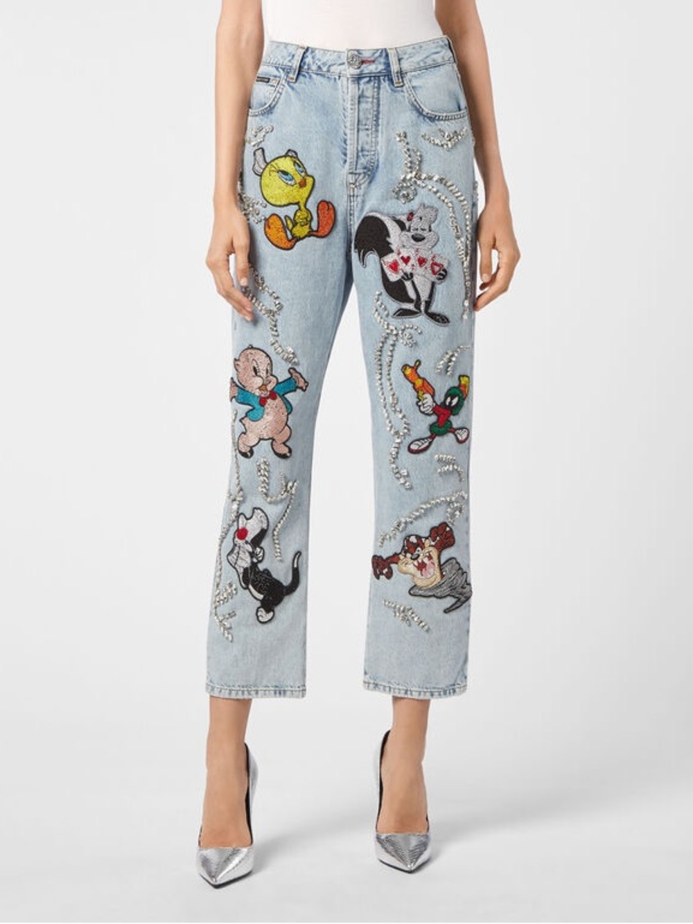 Embellished Light Blue Women's Jeans with Cartoon Appliqués by Philipp Plein